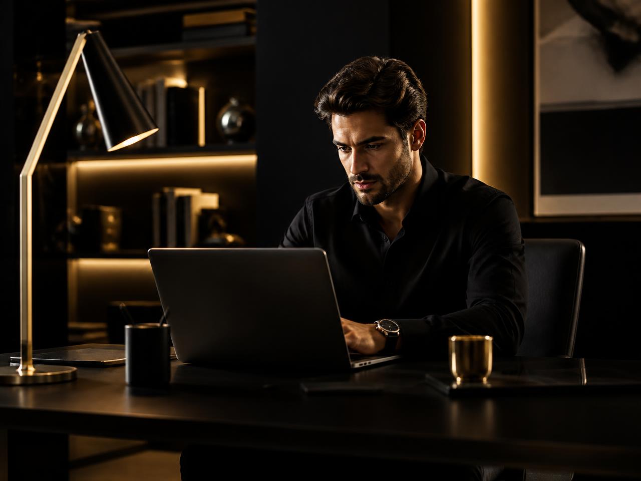 Entrepreneur working on a laptop in a dark modern office