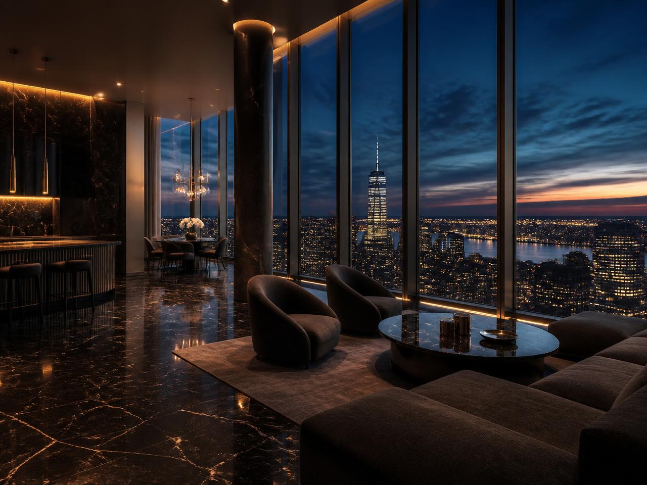 Luxury penthouse interior overlooking a city skyline at dusk